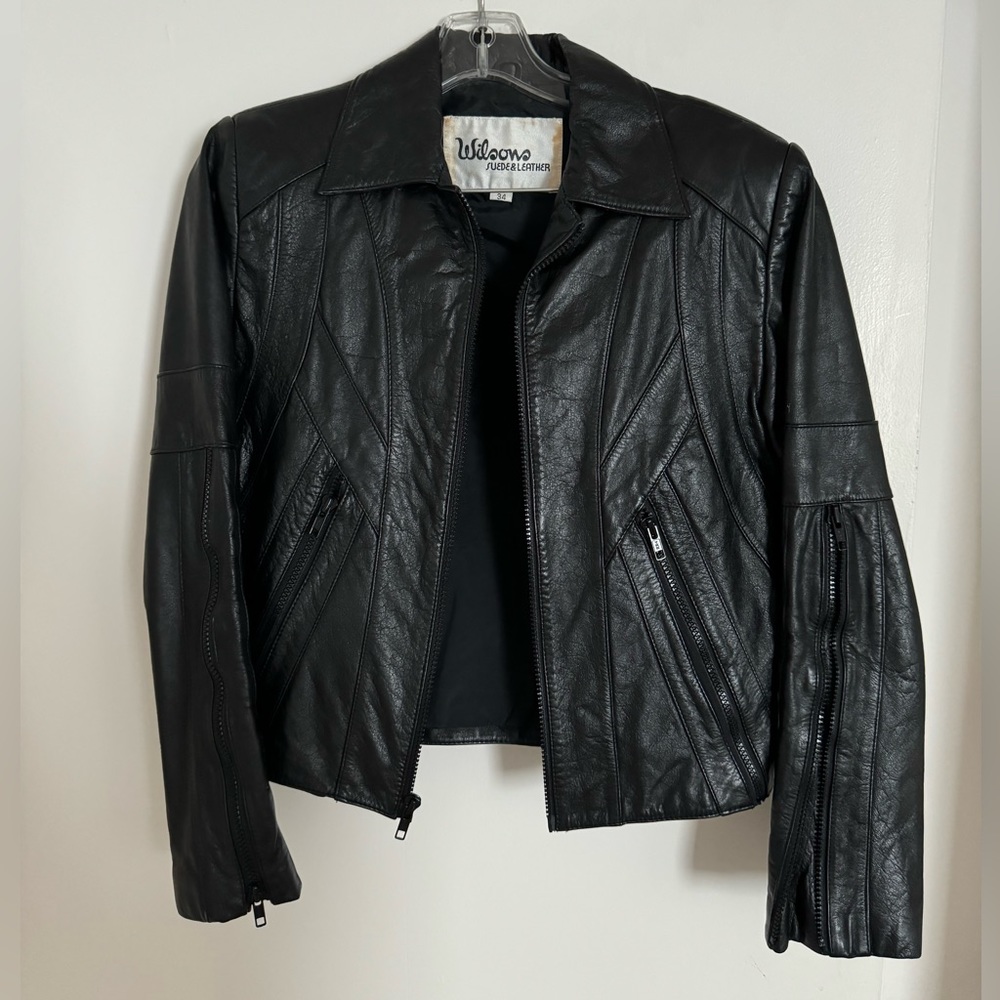 Wilsons Leather vintage black biker moto leather jacket size 34 (XS-S)